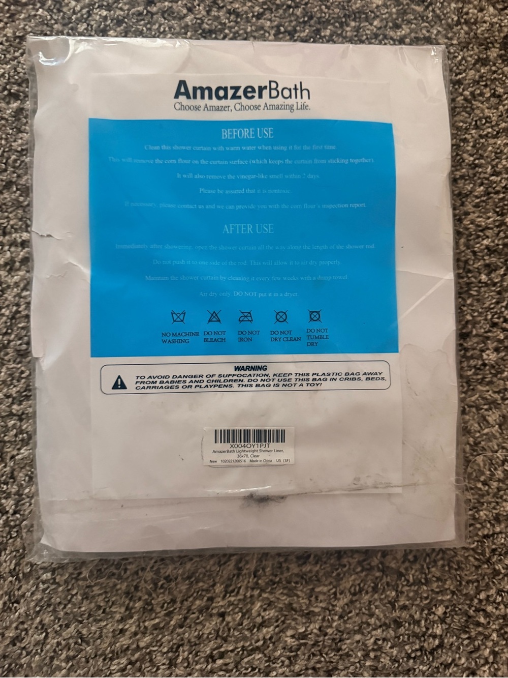 Amazon AmazerBath White Shower Curtain with Blue Instruction Panel - 36x78 -NEW